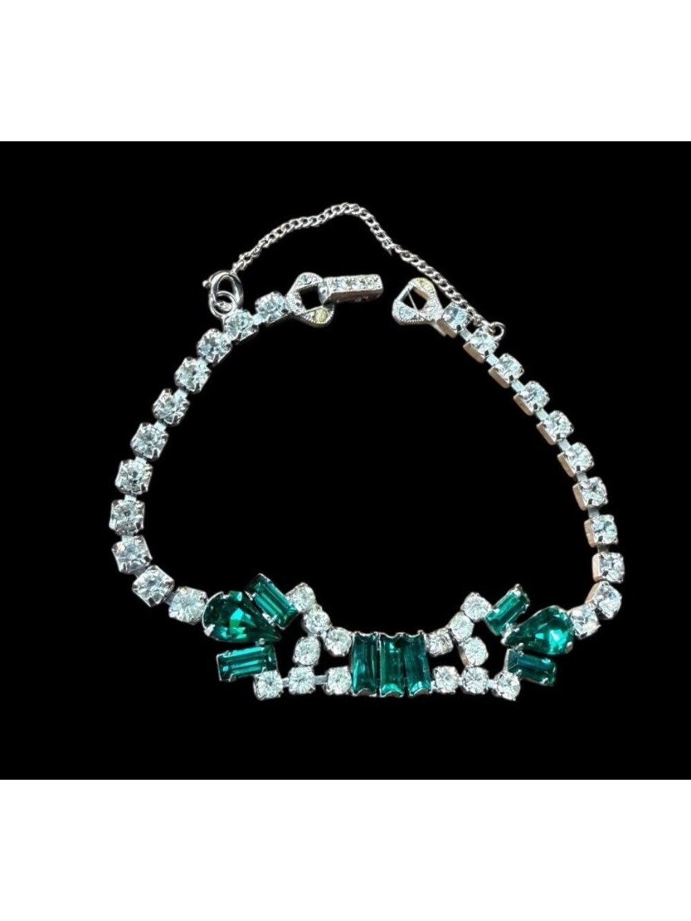 Vintage 1950s Joseph Wiesner Signed Green Clear Rhinestone Bracelet Adjustable